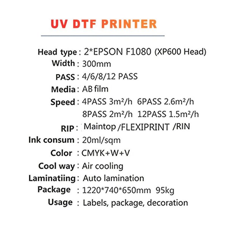 Drukarka UV DTF o szerokości 300 mm z zużyciem atramentu 20 ml/m2 do druku dużych objętości
